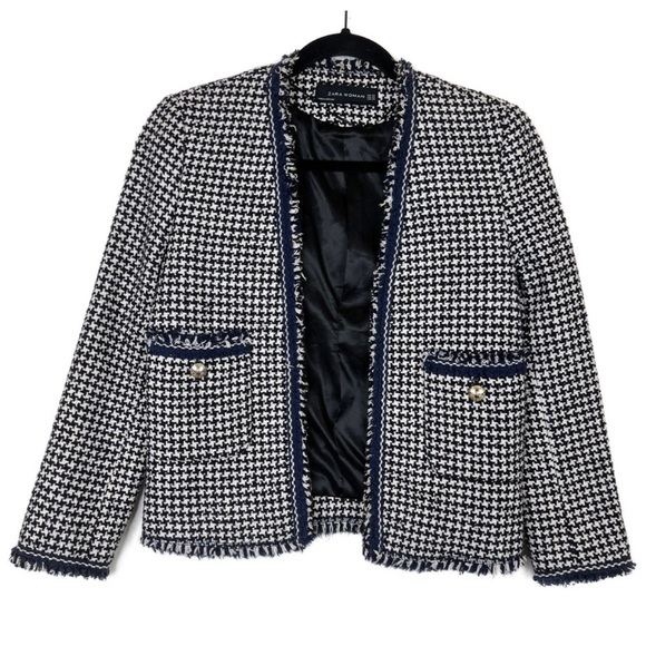 Zara NWOT black white & navy blue houndstooth textured tweed blazer jacket - Picture 2 of 9